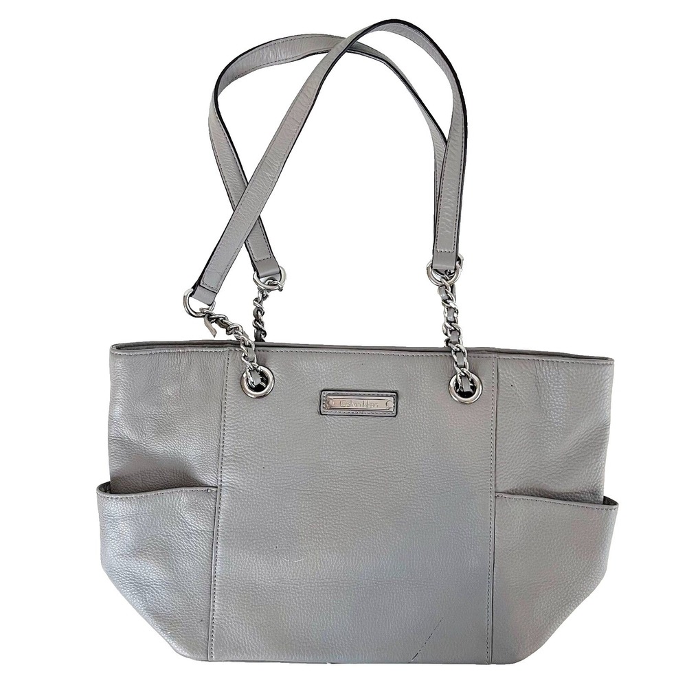 Calvin Klein Pebbled Leather‎ Chain Strap Tote Shoulder Bag Gray